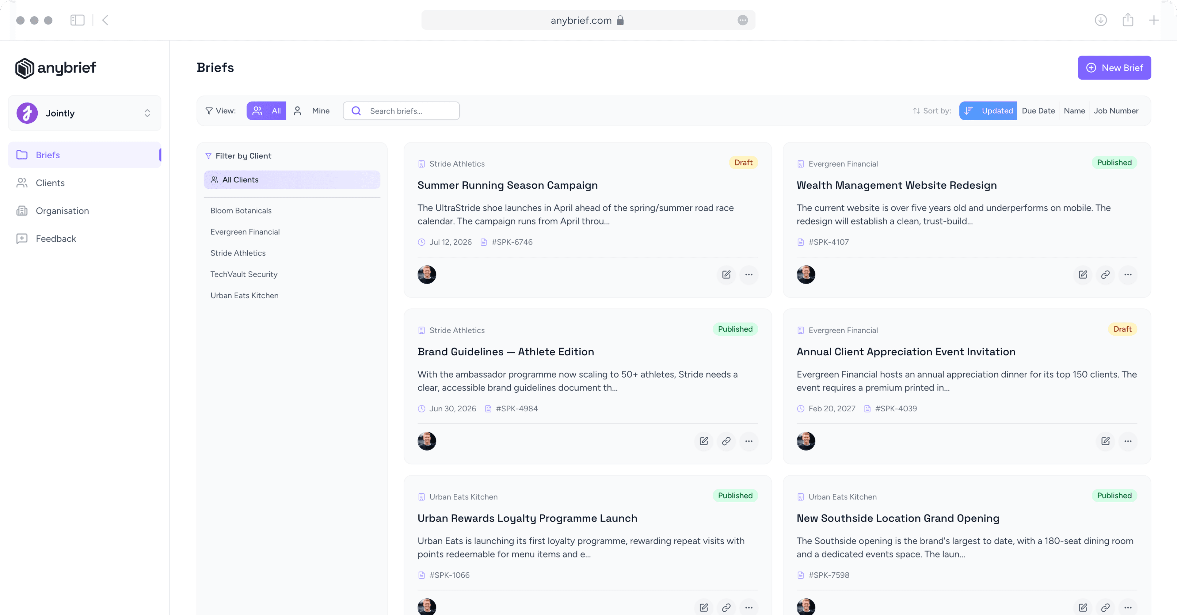 anybrief application interface showing briefs management dashboard